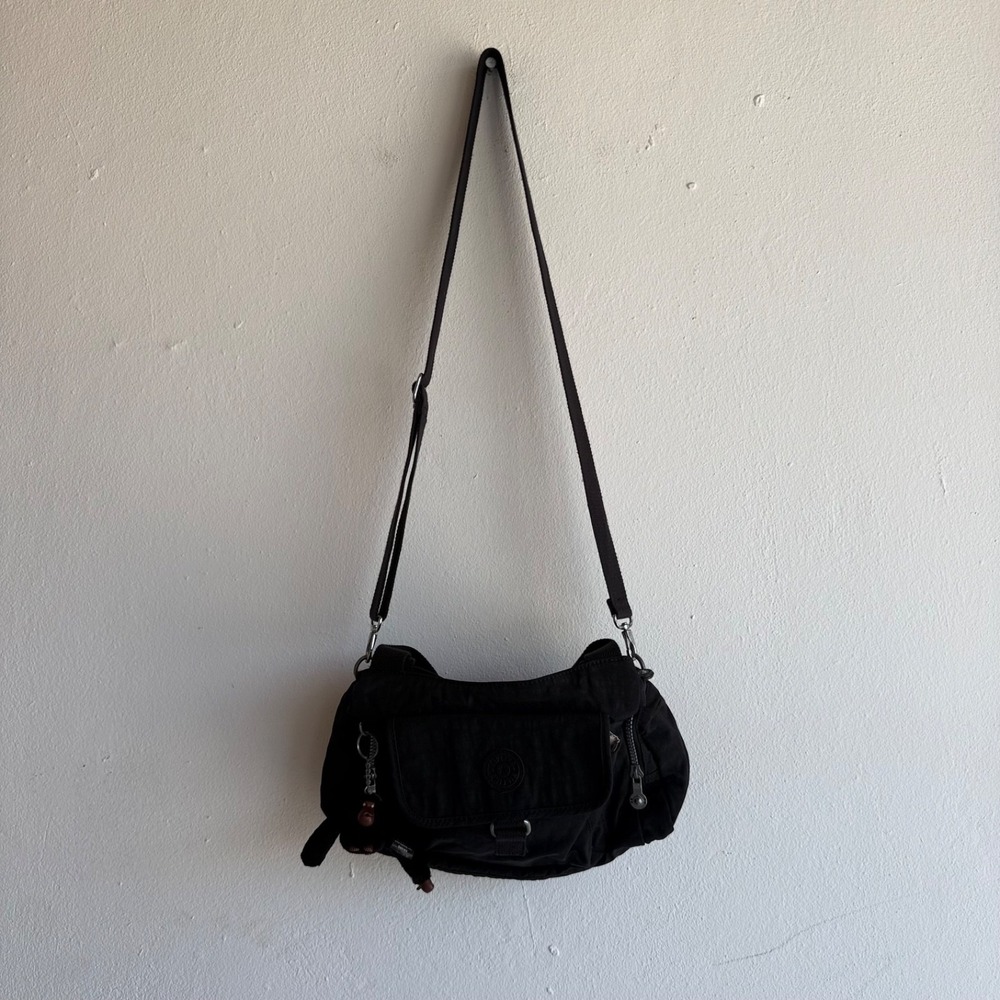 Kipling Felix Large Black Nylon Crossbody Messenger Bag Monkey Charm MultiPocket
